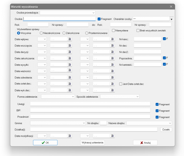 REJAKT 3 - Okno filtrowania spraw we wszystkich lub wybranych sygnaturach.