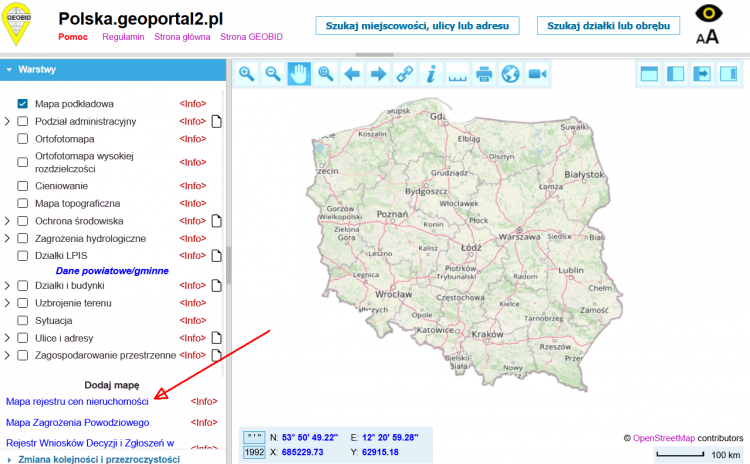Mapa rejestru cen nieruchomości w serwisie polska.geoportal2.pl