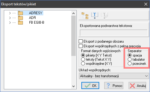 EWMAPA 13 - upgrade 13.03 – Możliwość zmiany separatora podczas eksportu tekstów/pikiet