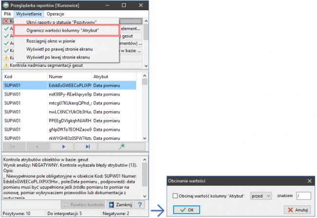 EWMAPA 15 - upgrade 15.10 - Dodano możliwość obcinania wyświetlanej wartości kolumny 'Atrybut' po/przed znakiem