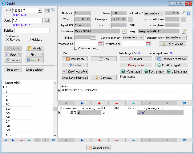 EWOPIS 8 - nowa wersja programu - okno działek