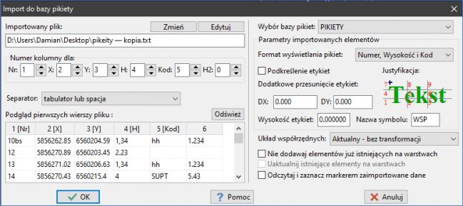 EWMAPA 15 - upgrade 15.13 - Okno importu do bazy pikiet