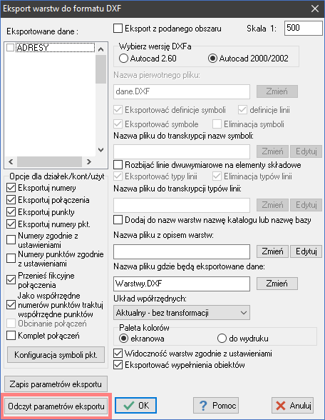 EWMAPA 13 - upgrade 13.08 – okno eksportu warstw do formatu DXF