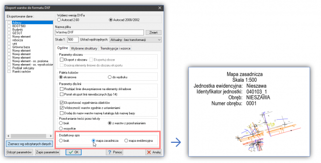 EWMAPA 15 - upgrade 15.14 - Generowanie zgodnego z rozporządzeniem opisu pozaramkowego w eksporcie do formatu DXF