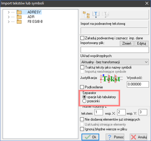 EWMAPA 13 - upgrade 13.03 – Możliwość zmiany separatora podczas importu tekstów lub symboli