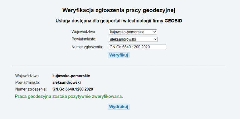 Weryfikacja statusu zgłoszenia pracy geodezyjnej dostępna dla geoportali autorstwa firmy GEOBID