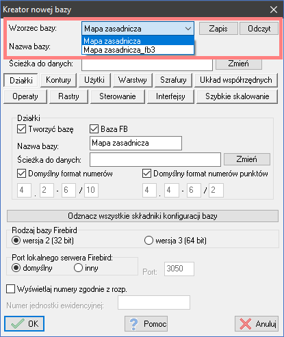 EWMAPA 13 - upgrade 13.03 – Wzorce bazy w oknie kreatora nowej bazy